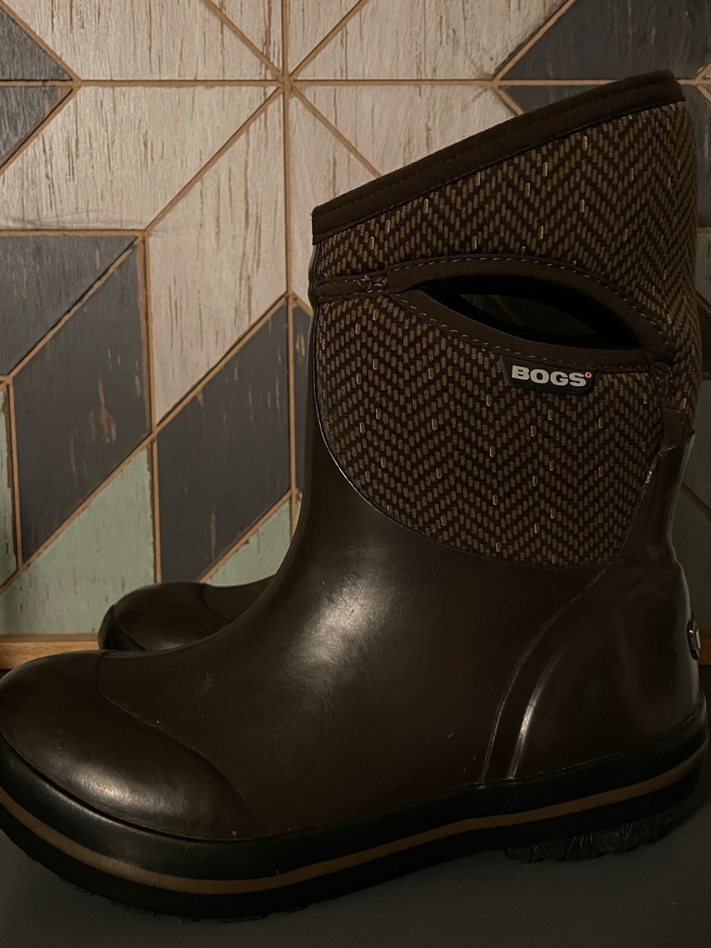 Bogs Plimsoll Herringbone Mid Rain Boots Brown Womens 6